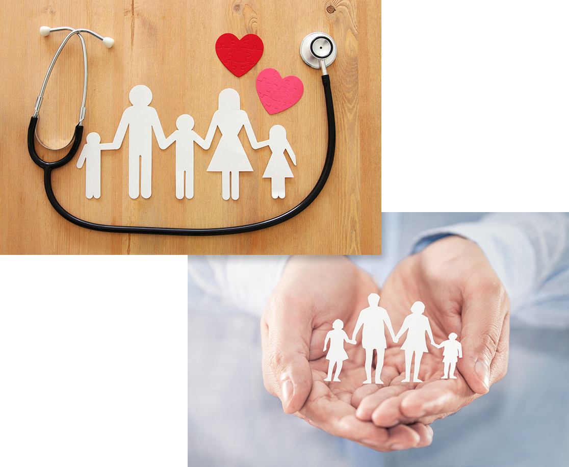 Holding paper silhouette family with stethoscope and hearts